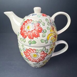 World Market Teacup and Teapot Set Floral Hand Painted Ceramic Cream and Flowers